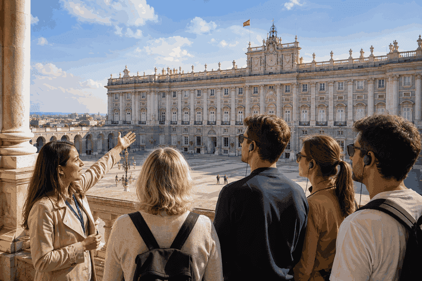 Royal Palace of Madrid guided tour with a professional guide explaining the palace to visitors wearing headsets.