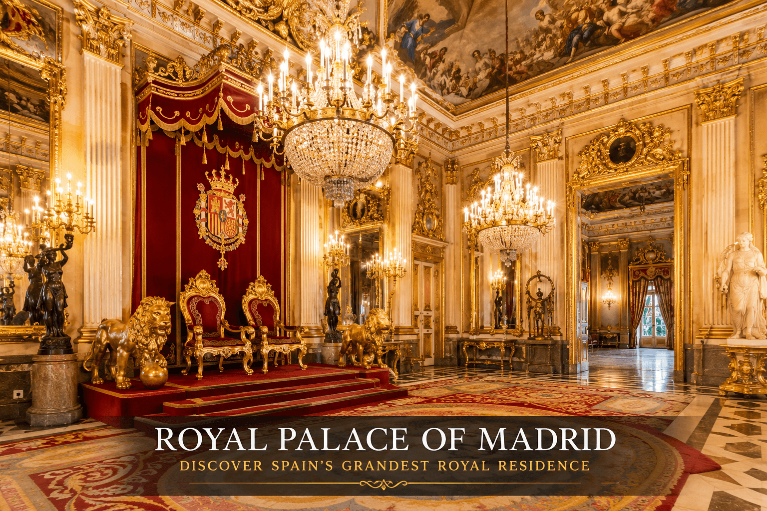 Throne Room inside the Royal Palace of Madrid with ornate chandeliers, gilded decoration, royal thrones and historic interiors.
